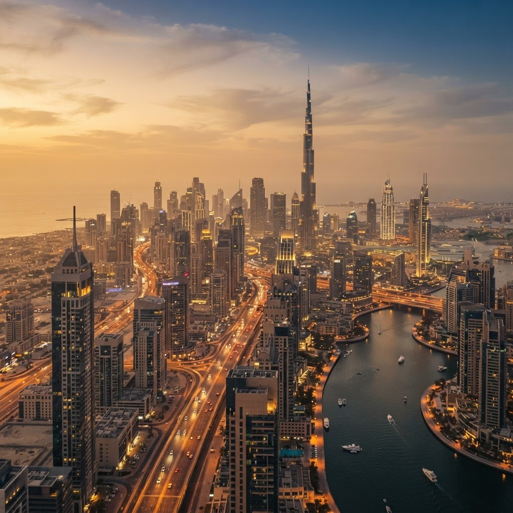 Dubai skyline at golden hour